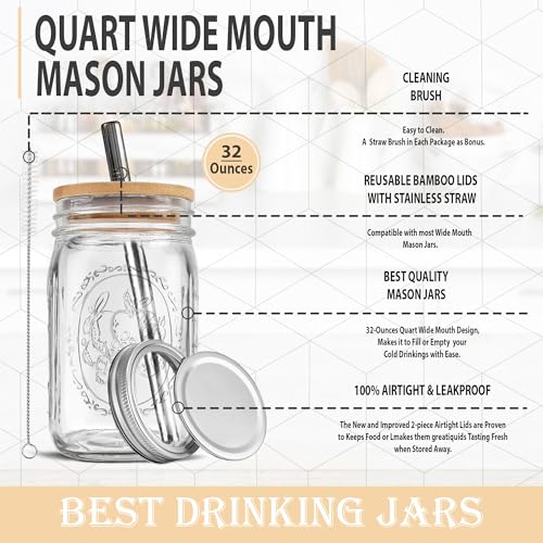 MEM WORLDSHOP Wide Mouth Mason Jar 32 oz - (1 Pack) - Wide Mouth 32-Ounces Quart Mason Jar with Reusable M.E.M Bamboo Lid & Stainless Steel Straw - For Smoothies, Milk Shakes, Iced Coffee, Tea