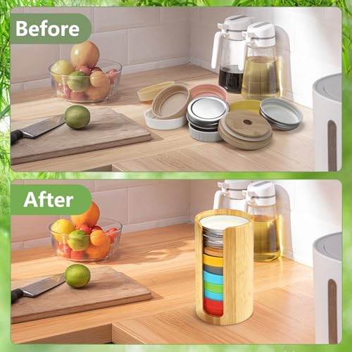 Mason Jar Lid Organizer, Wide & Regular Mouth Lids Holder (2pcs) | Mason Jar Lid Storage Made of Bamboo, Stackable Space-Saving Rack, Suitable for Mason/Canning/Bamboo Lids - style: Single-sided hole