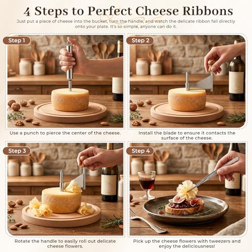 Girolle Cheese Curler with Hole Punch & Tweezers - Natural Beech Wood Cheese Shaver for Tete de Moine, Parmesan & Chocolate - Cheese Flower Cutter for Charcuterie Board Accessories & Gifts