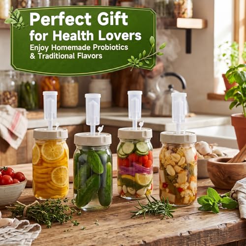 4 Sets Fermentation Kit for Mason Jar Includes Silicone Lids, 32 oz Wide Mouth Jars with Date Tracker, Glass Weights with Handle, Airlocks for Sauerkraut Kimchi Pickles Vegetable