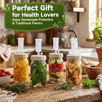 4 Sets Fermentation Kit for Mason Jar Includes Silicone Lids, 32 oz Wide Mouth Jars with Date Tracker, Glass Weights with Handle, Airlocks for Sauerkraut Kimchi Pickles Vegetable