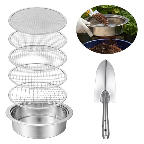 5 Pcs Soil Sifter Set, Stainless Steel Garden Sieve with 5 Interchangeable Meshes 1/3/6/9/12mm, 8 Inch Diameter for Gardening, Compost, Bonsai, Dirt and Sand Sifting, with Shovel, Silver