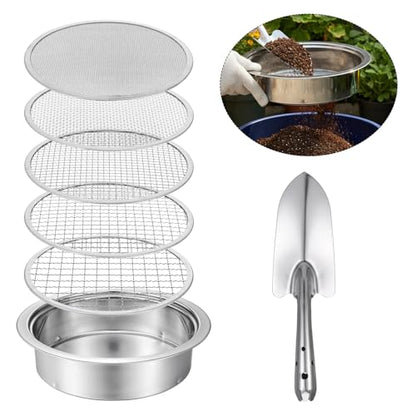 5 Pcs Soil Sifter Set, Stainless Steel Garden Sieve with 5 Interchangeable Meshes 1/3/6/9/12mm, 8 Inch Diameter for Gardening, Compost, Bonsai, Dirt and Sand Sifting, with Shovel, Silver