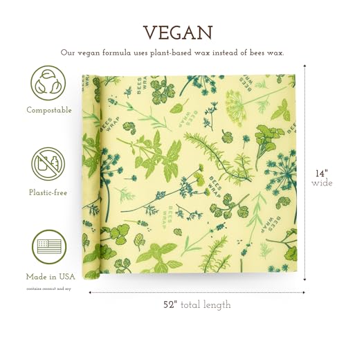 Bee's Wrap Vegan Beeswax Wraps for Food - Cut to Size 14x52" Beeswax Wrap Roll - Plastic Free Made in USA Reusable Natural Food Wrap - Herb Garden - style: Vegan Herb Garden