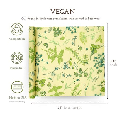 Bee's Wrap Vegan Beeswax Wraps for Food - Cut to Size 14x52" Beeswax Wrap Roll - Plastic Free Made in USA Reusable Natural Food Wrap - Herb Garden - style: Vegan Herb Garden