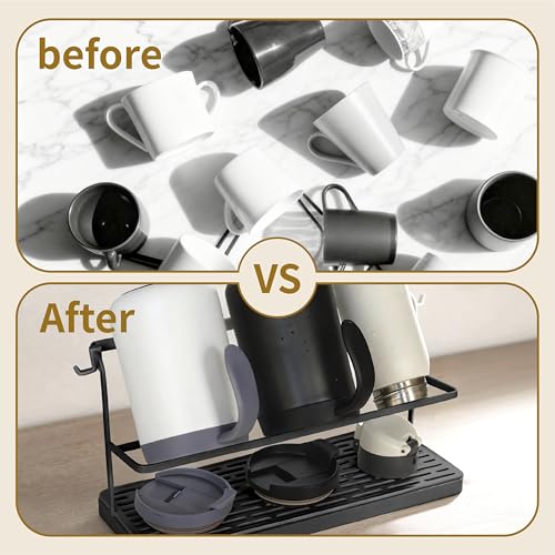 2-Tier Water Bottle Drying Rack for Countertop - Large Carbon Steel Cup Mug Organizer with Removable Drain Tray (Black) - color: Black