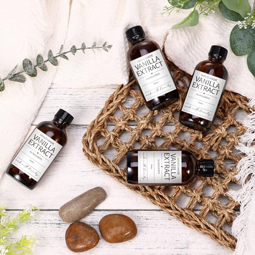 16 Pack 4 oz Amber Glass Bottle Boston Round Bottles with Black Poly Caps Brown Vanilla Extract Bottles for Essential Oil, Perfume and Liquid, Contains 16 Homemade Stickers, 4 Funnels, 1 Eyedropper