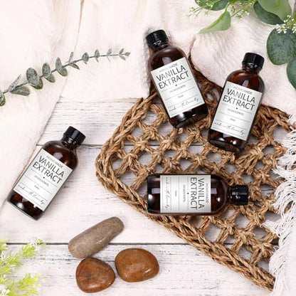 16 Pack 4 oz Amber Glass Bottle Boston Round Bottles with Black Poly Caps Brown Vanilla Extract Bottles for Essential Oil, Perfume and Liquid, Contains 16 Homemade Stickers, 4 Funnels, 1 Eyedropper