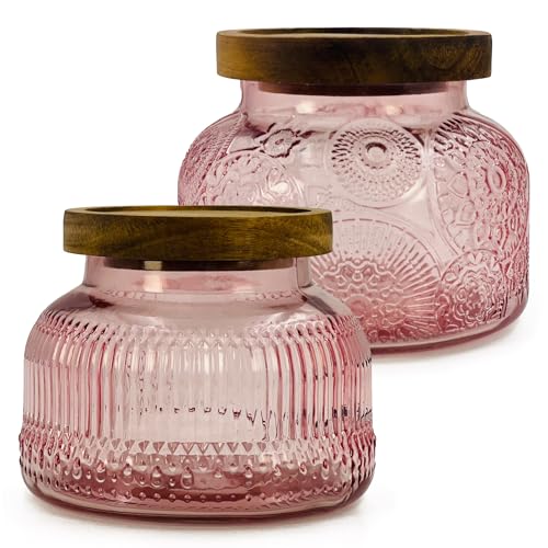 Decorative Pink Glass Jar with Airtight Wooden Lid 25.4 oz 2 pc, Wide Mouth Vintage Kitchen Food Storage Containers for Cookie Candy Honey Flour Spice Coffee Tea, Home Decor Sand Candle Holder Vase - size: 25.4 Ounces, style: Pink 2pc
