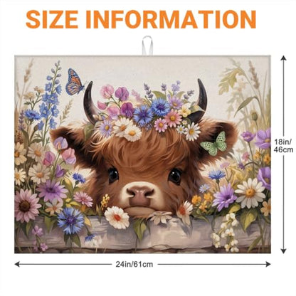 Absorbent Kitchen Dish Drying Mat Quick Dry Heat Resistant Hide Stain for Glasses Coffee Espresso Machines Pots Pans and Dish Racks,18" x 24" Cute Highland Cow Flower Pattern - color: Cute Highland Cow Flower