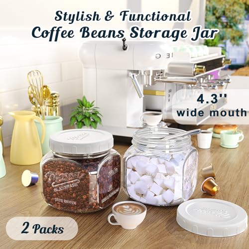 2 Pack Glass Cookie Jar with Airtight Lid, Half Gallon Mason Jar Wide Mouth for Food Storage, Flour, Sugar, Pasta, Sourdough - Square Glass Storage Containers with Marks, 64 Oz Canning Jars