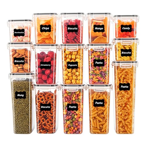 15PC Pantry Storage Containers, Airtight Food Storage Containers with Lids, BPA Free Kitchen and Pantry Organization and Storage Set for Pasta, Dry Food, Flour and Sugar, Cereal - size: 15pcs