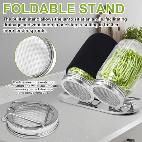 Uncle Yang Sprouting Lids Kit 2Pack Sprouting Lids for Wide Mouth Mason Jars with Stainless-Steel Sprouter Lids & Glass Mason Jars & Light-Blocking Sleeves for Broccoli, Alfalfa, Mung Bean - size: Sprouting Lids Kit 86mm