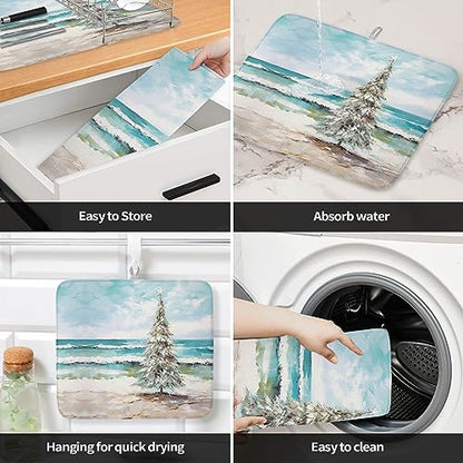 Coastal Christmas Tree Dish Drying Mat for Kitchen Counter, Microfiber Rack Pads, Modern Oil Painting Beach Xmas Tree Absorbent Dish Bottle Drying Mat, 16''x18'', 2 Pack - size: 2PCS-16x18in