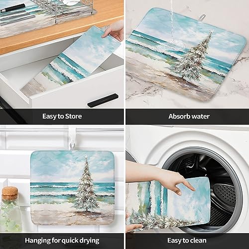 Coastal Christmas Tree Dish Drying Mat for Kitchen Counter, Microfiber Rack Pads, Modern Oil Painting Beach Xmas Tree Absorbent Dish Bottle Drying Mat, 18''x24'', 2 Pack - size: 2PCS-18x24in