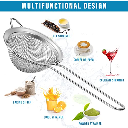 9 Pack Stainless Steel Cone Cocktail Strainer, Bar Strainer, Mesh, 3.2 in | Fine Mesh Cone Shape, Long Handle, Juice Tea Coffee Filter, Fits Most Cups, Reusable