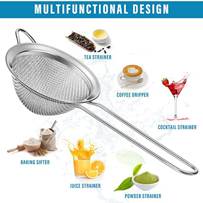 9 Pack Stainless Steel Cone Cocktail Strainer, Bar Strainer, Mesh, 3.2 in | Fine Mesh Cone Shape, Long Handle, Juice Tea Coffee Filter, Fits Most Cups, Reusable