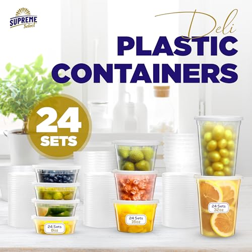 Supreme Deli Plastic Storage Containers with Lids 8oz, 16oz, 32oz [8 sets of each - 24 combo pack] Reusable Food Containers - Microwavable & Freezer friendly - Dishwasher safe - Secure fitting Covers