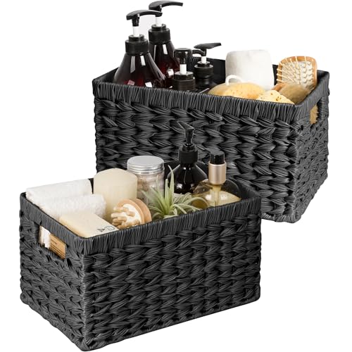 GRANNY SAYS Wicker Basket, Decorative Woven Baskets for Storage, Waterproof Storage Basket Organizer, Wicker Storage Basket for Organizing, 2-Pack, Black - color: Black, size: 13"L x 8¼"W x 7"H