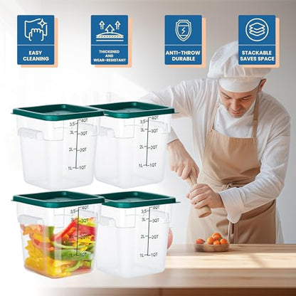 BIEAMA 4 Pack Food Storage Containers with Lids, 4 Quart Square Commercial Food Containers, NSF, Polycarbonate, Clear - color: 4Qt-4 Pack(Green Lids)