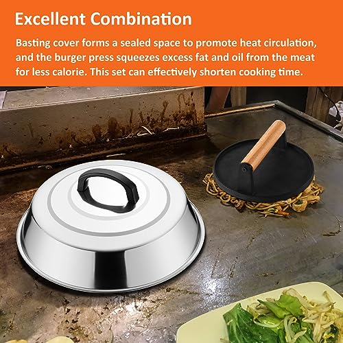 Leonyo Smash Burger Kit, 12" Basting Cover for Griddle, Round Cast Iron Bacon Press Cheese Melting Dome Lid BBQ Accessories for Outdoor Flat Top Grill, Kitchen Cooking