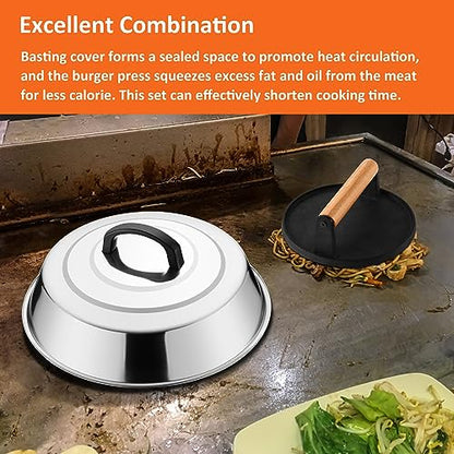 Leonyo Smash Burger Kit, 12" Basting Cover for Griddle, Round Cast Iron Bacon Press Cheese Melting Dome Lid BBQ Accessories for Outdoor Flat Top Grill, Kitchen Cooking
