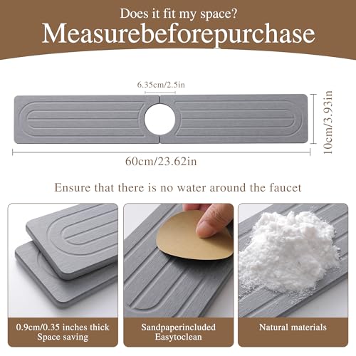 Diatomite Faucet Mat for Kitchen Sink, Quick-Dry Stone-Like Sink Mat, Flat Lay Absorbent Countertop Drying Mat for Faucet Area, Hard Diatomite Mat, Gray, 23.6 x 4 in - color: Gray2