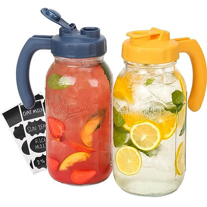 Soligt Glass Mason Jar Pitcher with Lid, Wide Mouth Flip Cap Pour Spout Leak-proof Lid with Handle, 64 oz (2 Quart / 1.9 Liter), Navy and Yellow, 2 Pack - color: Navy and Yellow