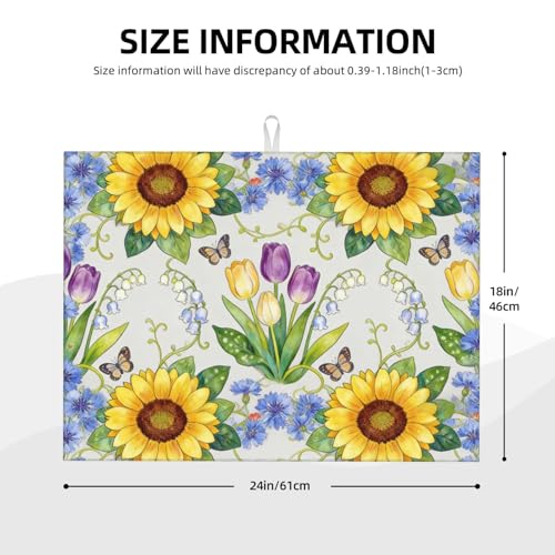 Kitchen Drying Mat for Countertop Sunflower Tulip Floral Garden Pattern Non-Slip Kitchen Counter Mat for Dishes Glassware - color: Yellow Purple