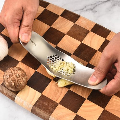 Cook Guy Garlic Press Rocker Set -304 Stainless Steel Premium All-Steel Garlic Mincer, Crusher, Peeler, and Scraper Tool for Effortless Mincing –Dual-Handle Garlic Grinder(B0201) - color: Silver