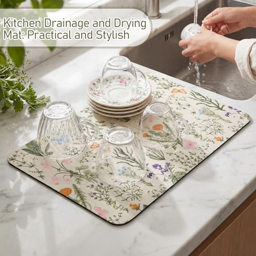 LemonRoad Dish Drying Mat for Kitchen Counter, 12"x20" Absorbent Coffee Bar Mat with Spring Floral Design, Fast-dry Diatomite Drainer Drying Mats with Non-slip Backing for Kitchen Sink Countertop - style: Floral Pattern