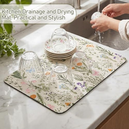 LemonRoad Dish Drying Mat for Kitchen Counter, 12"x20" Absorbent Coffee Bar Mat with Spring Floral Design, Fast-dry Diatomite Drainer Drying Mats with Non-slip Backing for Kitchen Sink Countertop - style: Floral Pattern