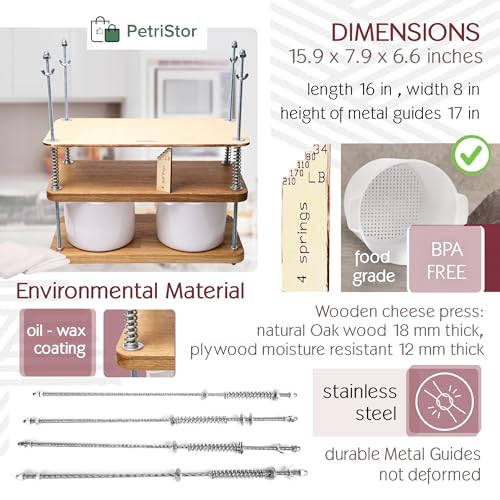Wooden Cheese Press For Cheese Making 16 In Natural Oak 18 mm Thick - Cheese Making Kit With Wooden Cheese Press and 2 Cheese Molds 1/2 Gal, Cheesecloth, Springs and Measuring Scale Included