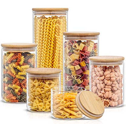JoyJolt Borosilicate Glass Jars With Bamboo Lids. 6 Pc Set of Air Tight Sealable Containers. Food Jar Canisters with Airtight Lid for Pantry Storage and Kitchen Organization. - style: Bamboo Covers