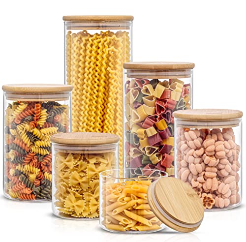JoyJolt Borosilicate Glass Jars With Bamboo Lids. 6 Pc Set of Air Tight Sealable Containers. Food Jar Canisters with Airtight Lid for Pantry Storage and Kitchen Organization. - style: Bamboo Covers