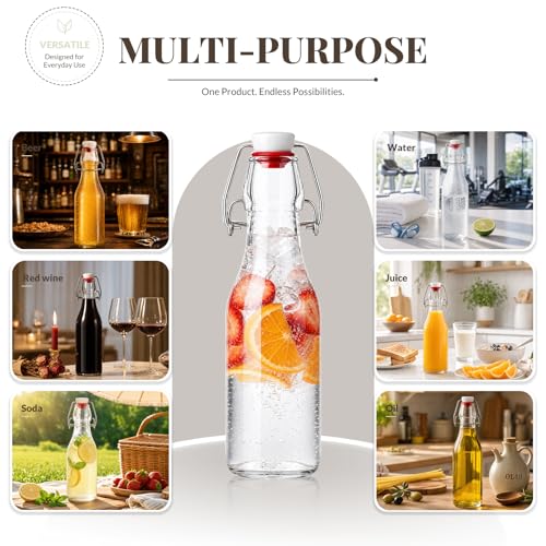 Swing Top Glass Bottles 8 oz with Flip Airtight Lids,8 Pack | Glass Brewing Bottles with Rubber Seal Stopper Caps for Kombucha, Beverages, Oil, Vinegar, Water, Juice