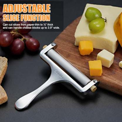 Sopito Stainless Steel Wire Cheese Slicer with 3 Extra Wires Adjustable Thickness, Handheld Cheese Block Cutter for Cheddar, Gruyere, Raclette, Mozzarella - color: Silver