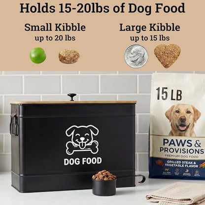 Dog Food Container Airtight 15 lb (50 Cup) Capacity with Metal Scoop - Cute Airtight Dog Food Storage Container with Bamboo Lid - Black Metal Kibble Storage Bin for Dogs up to 100 lbs - Big Pet Jar - color: Black