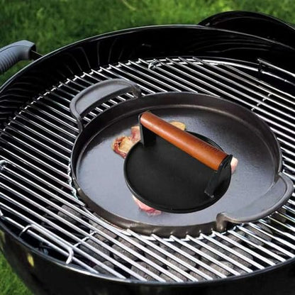 Firsgrill Burger Press 6.6" Round Heavy-Duty Cast Iron Smash Meat Steak with Wood Handle for Blackstone Weber Treager Griddle Grills (YPX) (6.5" Round) - color: 6.5" Round