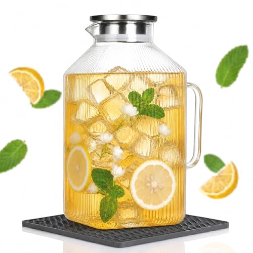 1 Gallon Glass Pitcher with Lid, Square Borosilicate Glass Carafe | Glass Water Pitcher with Handle and Spout for Fridge, Large Jug with Mat for cold & Hot Drinks, Home & Party, Dishwasher Safe