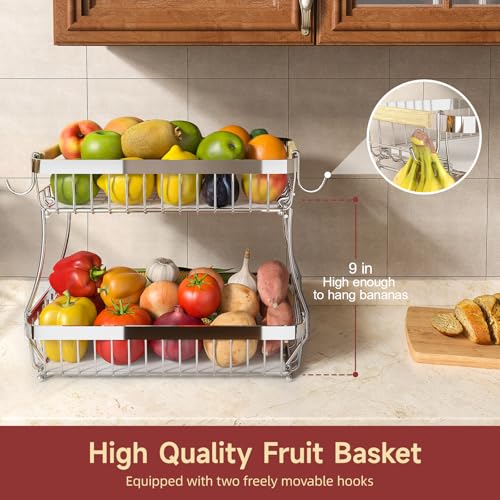 Sevenblue 2-Tier Fruit Basket with Banana Hangers, Detachable Metal Bowl | Wooden handle, protective mats included. Versatile holder for bread, snacks, and veggies. Large 2 tier metal design. - color: Silver, size: 2 Tier
