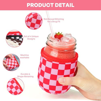 KJQJLY 4 Pcs Mason Jars Sleeves Neoprene 16oz Regular and Wide Mouth Mason Jar Sleeves Holder with Handle (Checkered, 16 OZ) - color: Checkered, size: 16 OZ