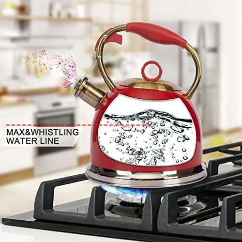 Tea Kettle, Stovetop Whistling Teapot, Stainless Steel, Red, 3.0-Quart - color: Red