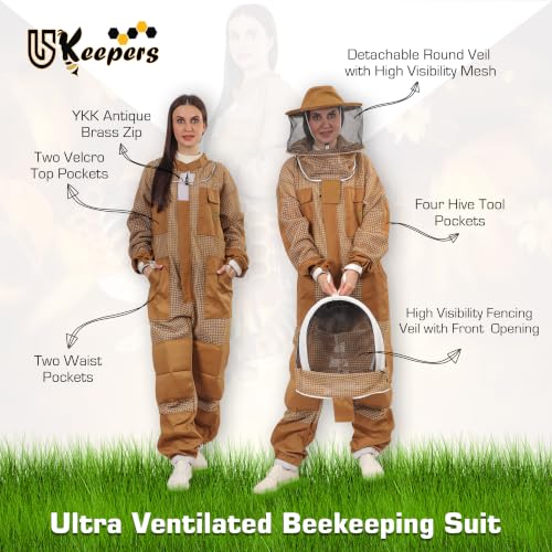 3-Layer Ultra Ventilated Sting Proof Bee Suit for Men & Women – Premium Beekeeping Suit with Bee Gloves & Two Detachable Beekeeping Veils (Brown M) - color: Brown, size: Medium