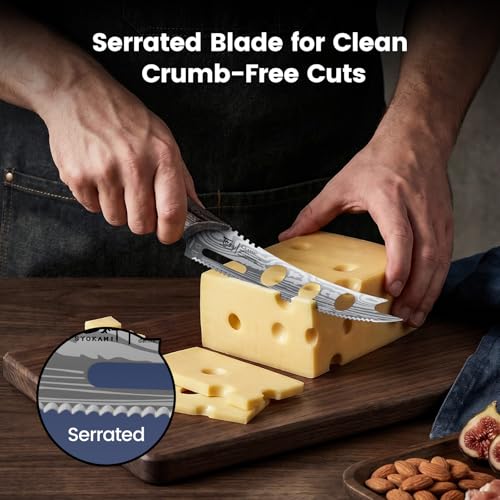 SYOKAMI Cheese Knife, 5.5 Inch Serrated Cheese Cutter for Soft and Hard Cheese, Pronged, Multi-Use Non Stick Design, High Carbon German Steel, Full Tang & Ergonomic Handle Design, Ideal Gift