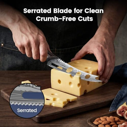 SYOKAMI Cheese Knife, 5.5 Inch Serrated Cheese Cutter for Soft and Hard Cheese, Pronged, Multi-Use Non Stick Design, High Carbon German Steel, Full Tang & Ergonomic Handle Design, Ideal Gift