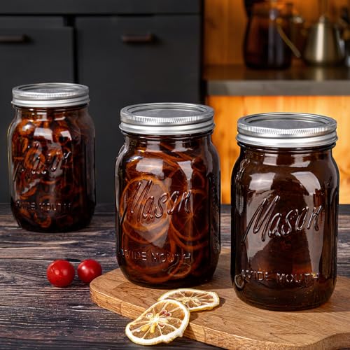 WELLIFE Amber Mason Jars, 6 Pack wide mouth mason jars for Pickling, Canning, Fermenting and Food Storage, Microwave Safe