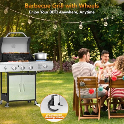 Electactic 3-Burner Propane Gas BBQ Grill with Side Burner,Stainless Steel Grill with Porcelain-Enameled Grates,34000 BTU Barbecue Grill, Suitable for Outdoor Cooking,Camping,Patio Backyard - size: 3 Burner Gas Grills with Side Burner
