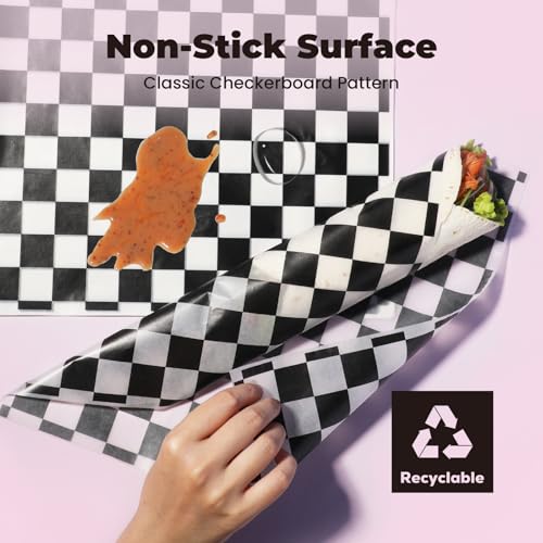 Fit Meal Prep 250 Sheets 12x12" Deli Paper, Black and White Checkered, Grease-Proof Wax Paper for Food Basket, Picnic, Burgers - color: Black Checkered