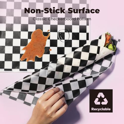 Fit Meal Prep 250 Sheets 12x12" Deli Paper, Black and White Checkered, Grease-Proof Wax Paper for Food Basket, Picnic, Burgers - color: Black Checkered